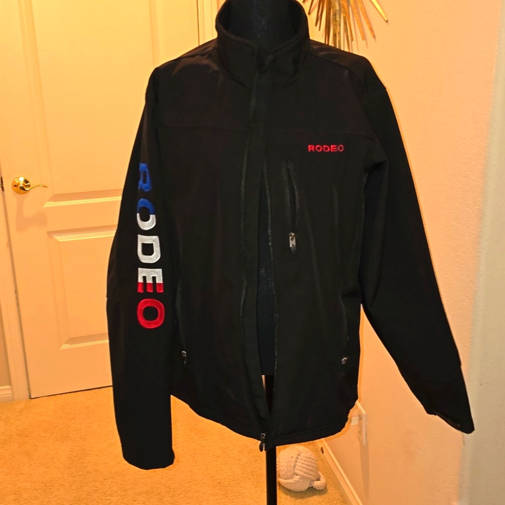 LIKE NEW Rodeo Men's Soft Shell Bonded Jacket -Embroidrered USA Flag Black XL